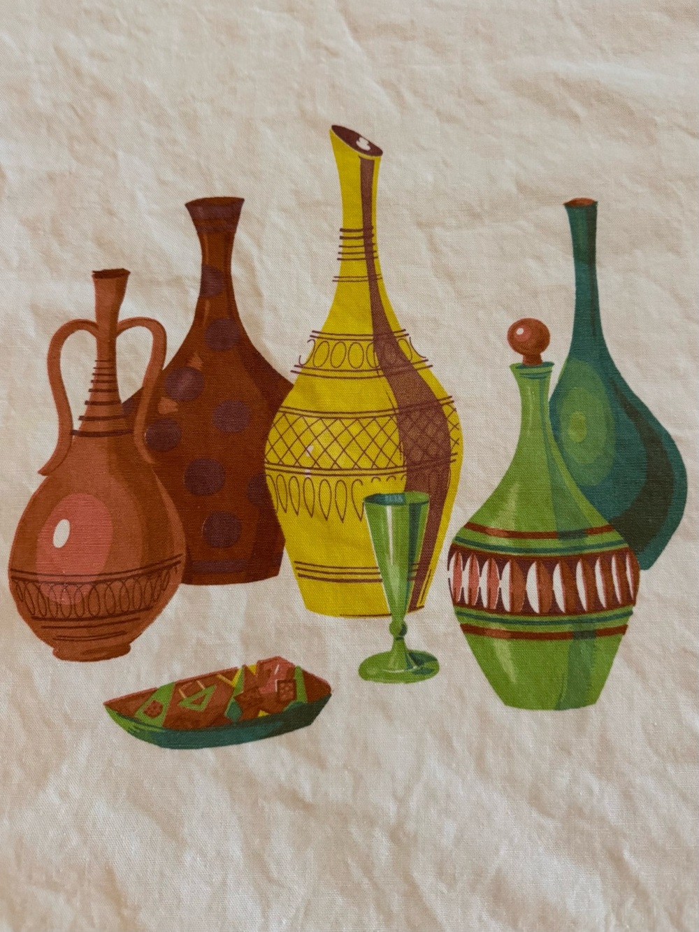 Vintage Cotton Mid-Century Tablecloth Vases in Green, Yellow, Brown 47” X 53”